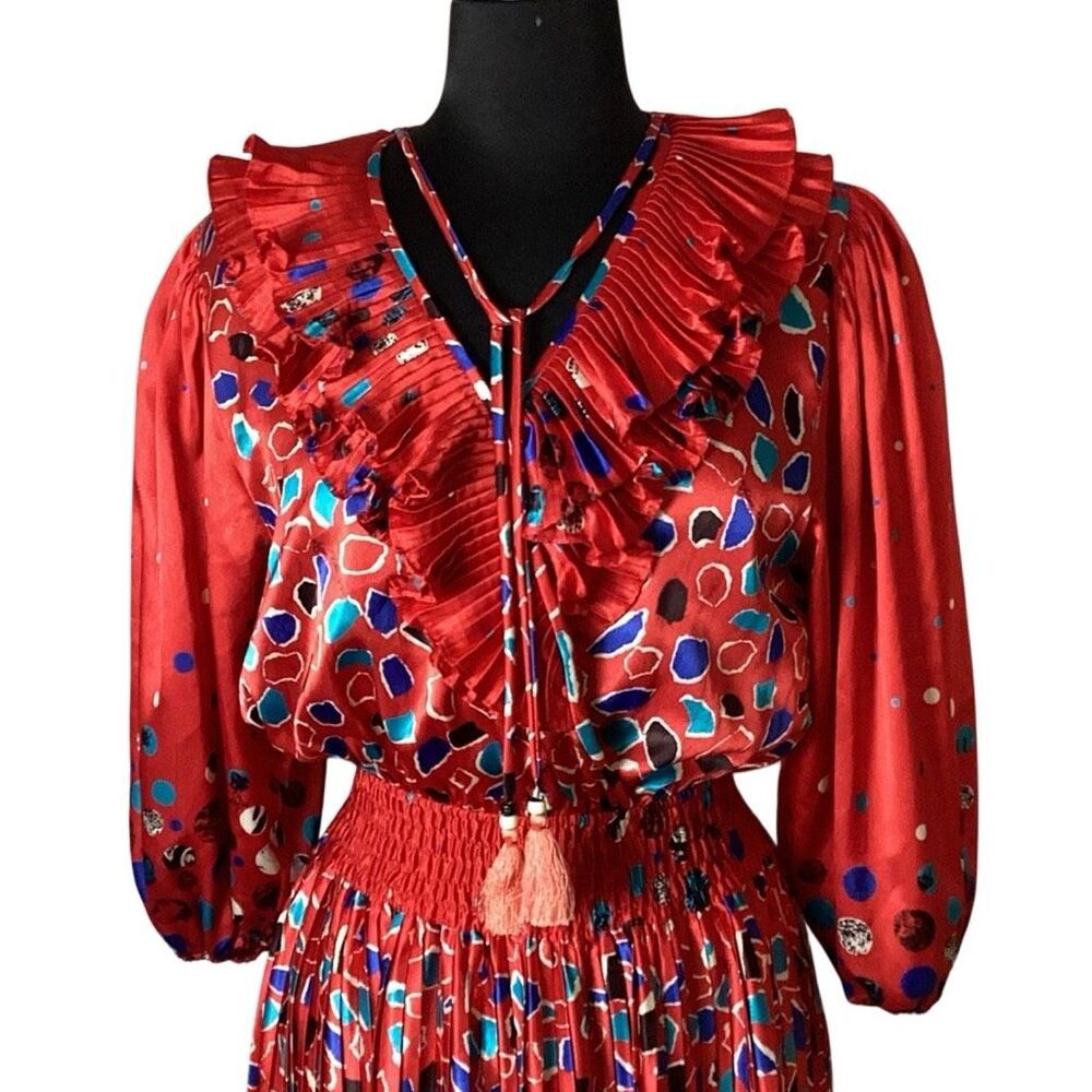 Vintage 80’s Diane Freis Original Ruffled Abstract Red Dress Puffed Sleeves - Picture 6 of 12